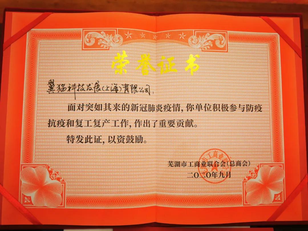 芜湖市工商联荣誉证书